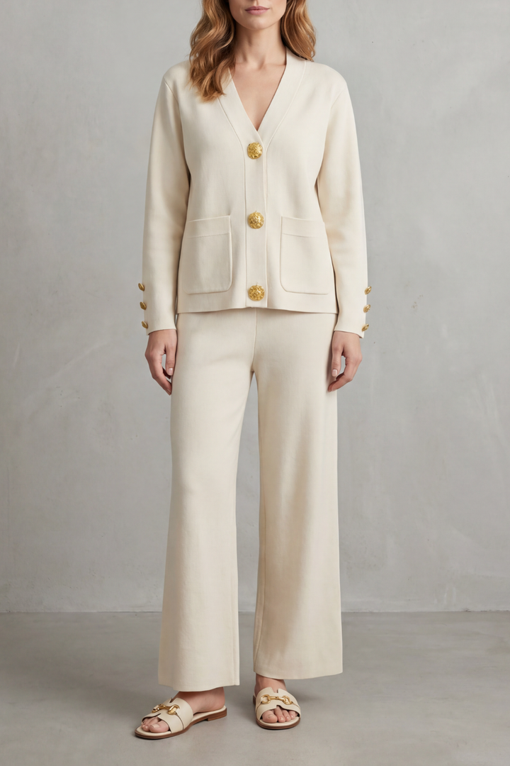 Women's Gold Button Top and Wide-Leg Trouser Co-ord Set - Giravelle