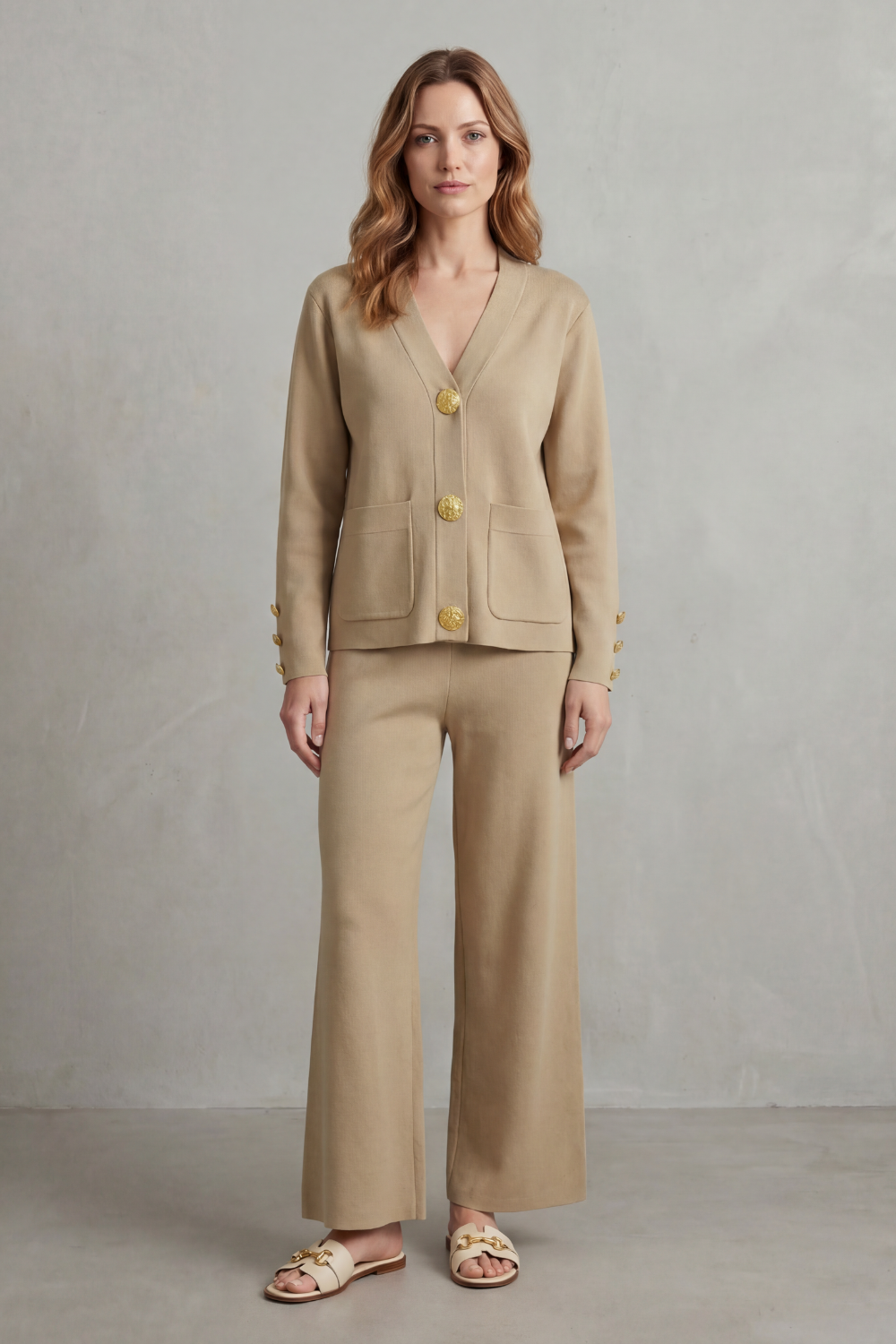Women's Gold Button Top and Wide-Leg Trouser Co-ord Set - Giravelle