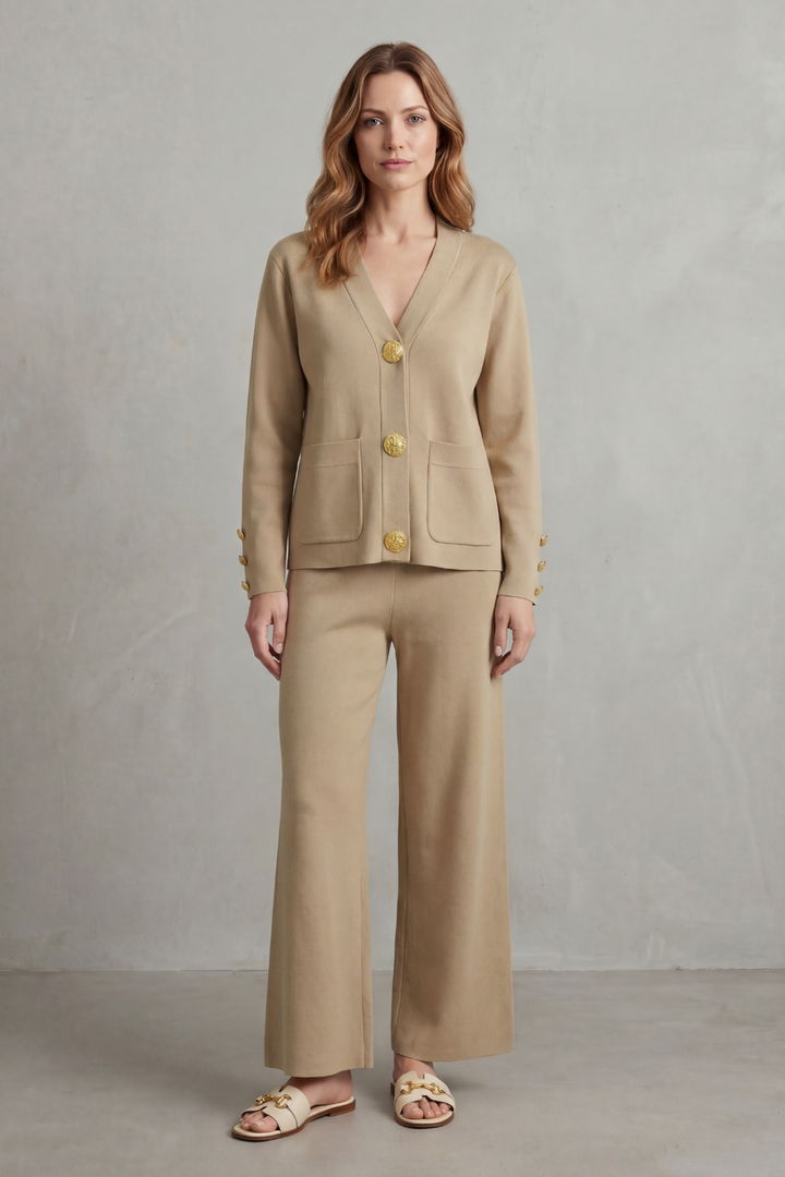 Women's Gold Button Top and Wide-Leg Trouser Co-ord Set - Giravelle