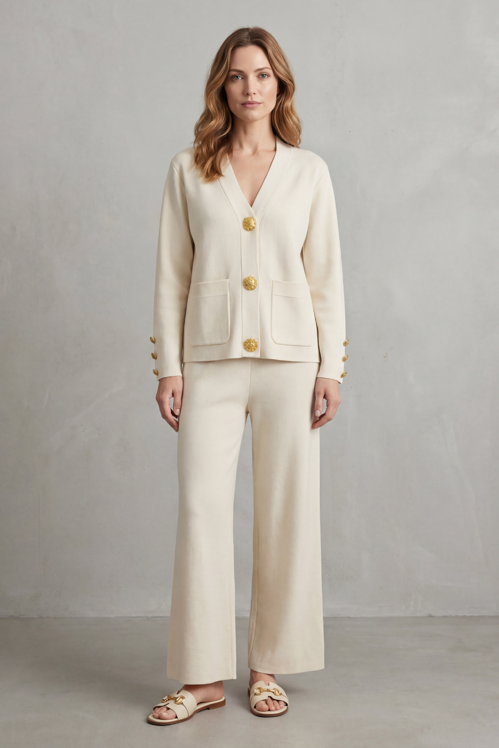 Women's Gold Button Top and Wide-Leg Trouser Co-ord Set - Giravelle