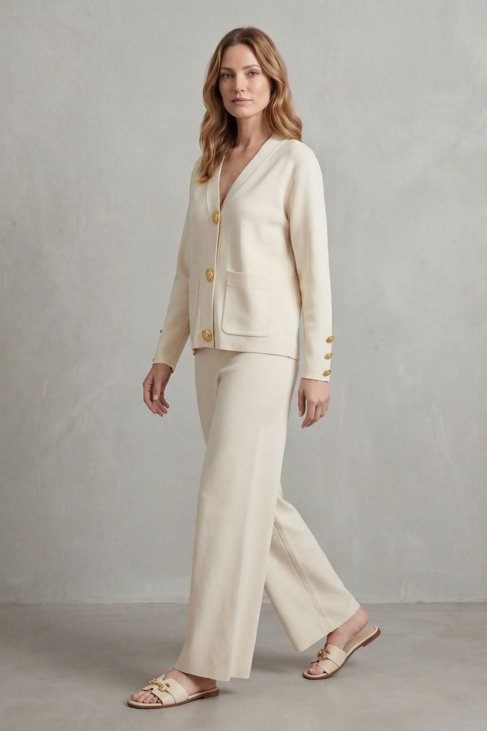 Women's Gold Button Top and Wide-Leg Trouser Co-ord Set - Giravelle