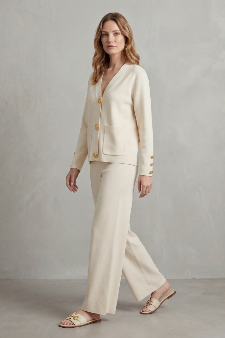 Women's Gold Button Top and Wide-Leg Trouser Co-ord Set - Giravelle