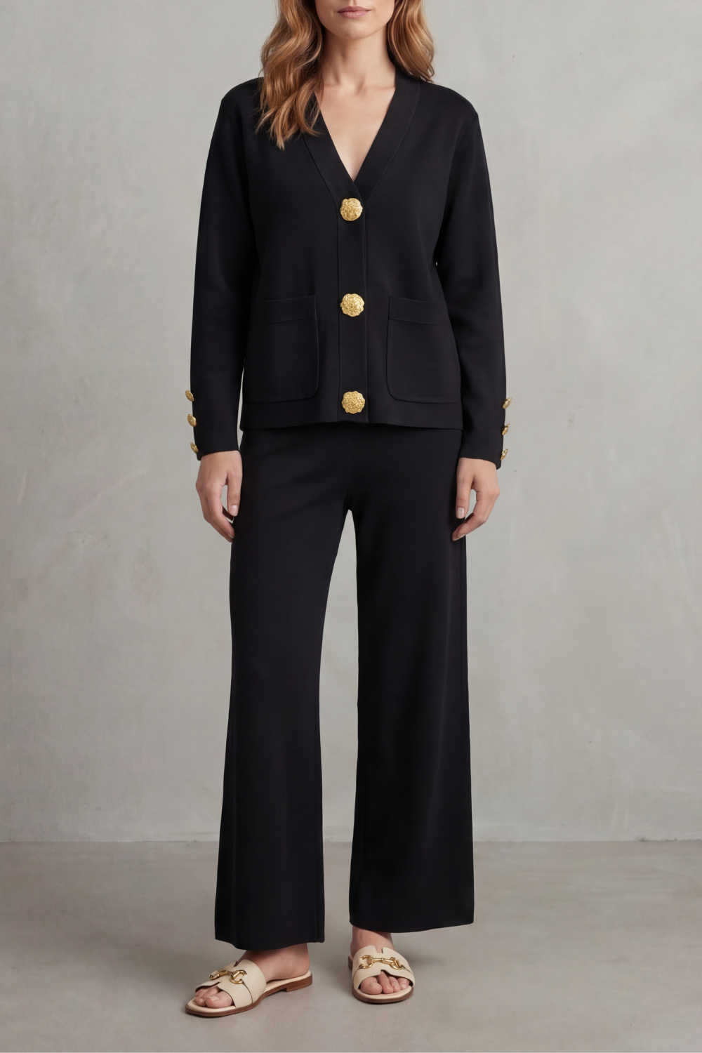Women's Gold Button Top and Wide-Leg Trouser Co-ord Set - Giravelle