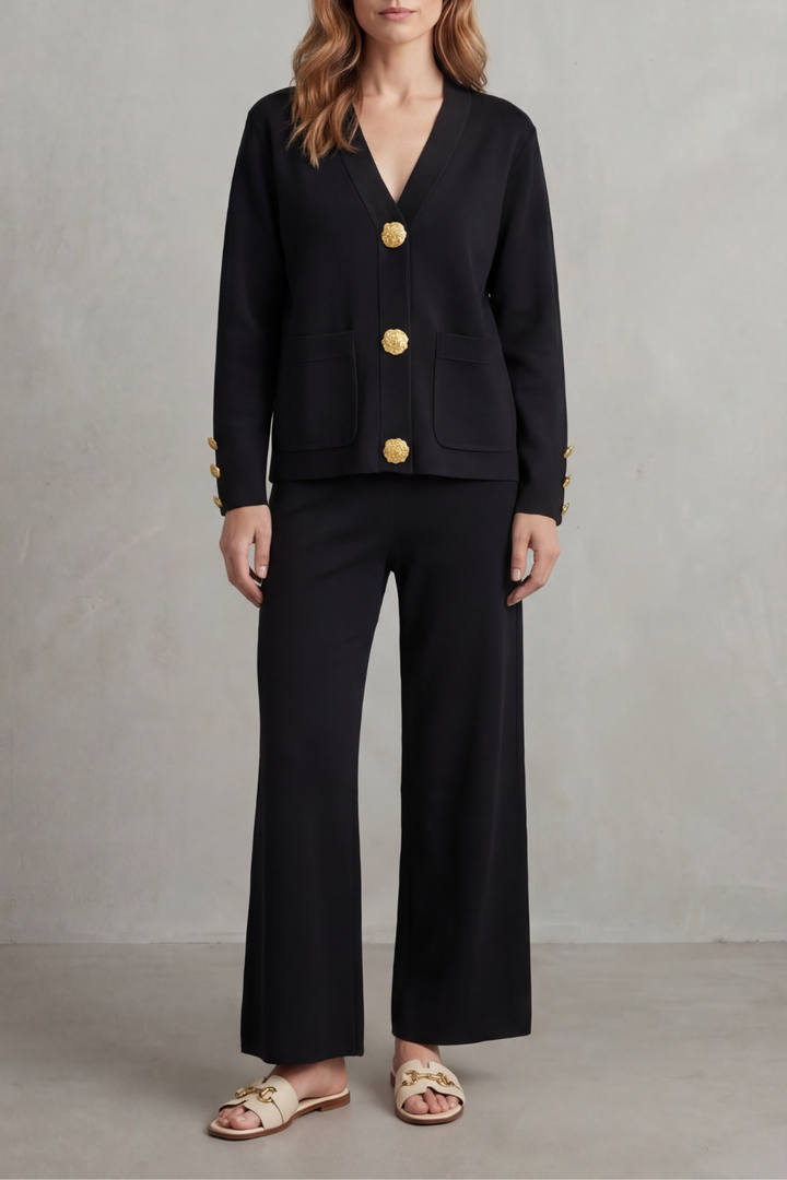 Women's Gold Button Top and Wide-Leg Trouser Co-ord Set - Giravelle