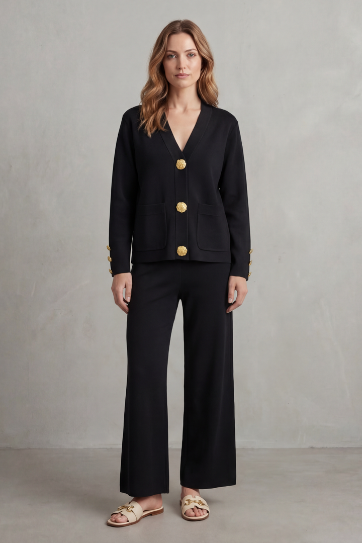 Women's Gold Button Top and Wide-Leg Trouser Co-ord Set - Giravelle