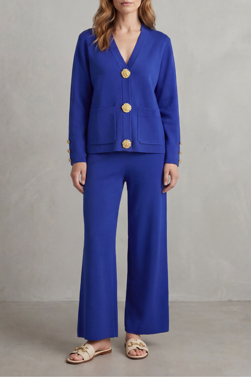 Women's Gold Button Top and Wide-Leg Trouser Co-ord Set - Giravelle