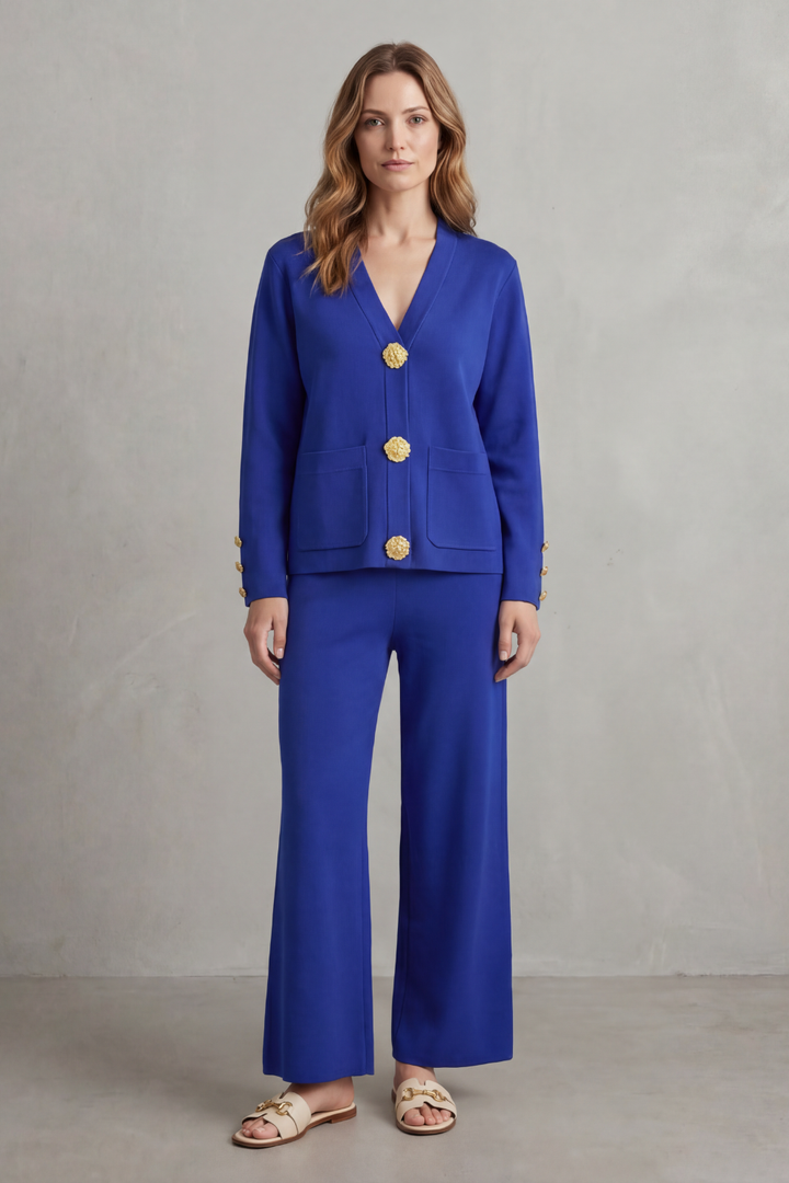 Women's Gold Button Top and Wide-Leg Trouser Co-ord Set - Giravelle