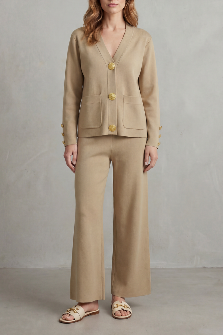 Women's Gold Button Top and Wide-Leg Trouser Co-ord Set - Giravelle