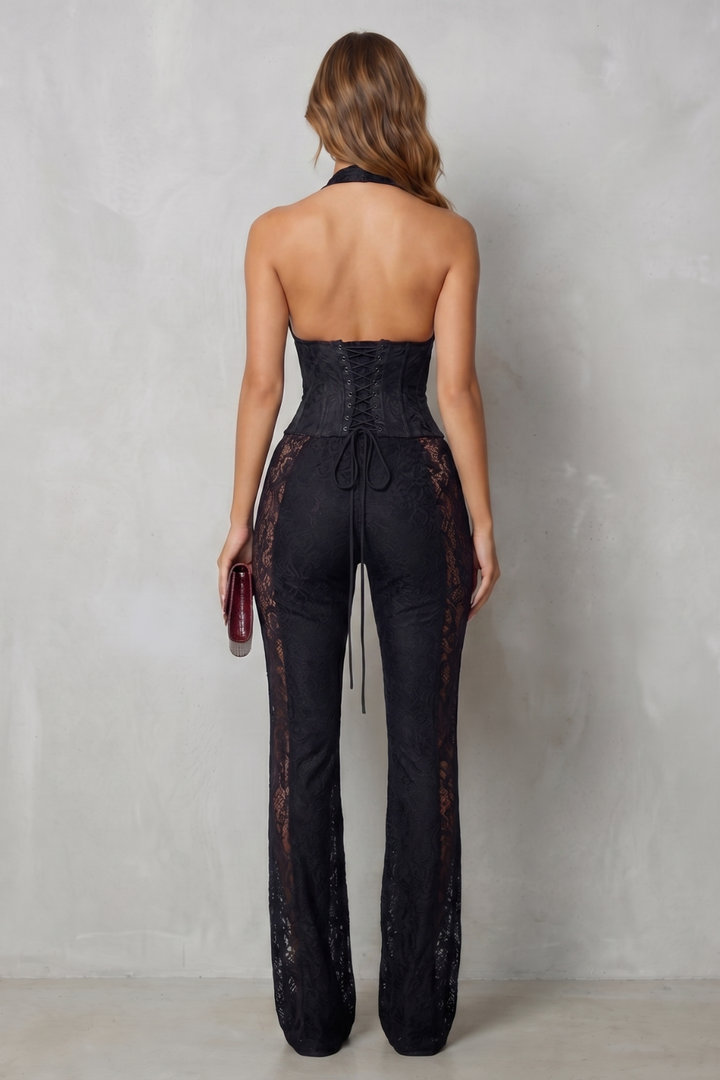 Women's Lace Plunge Neck Wide Leg Jumpsuit - Jolisse