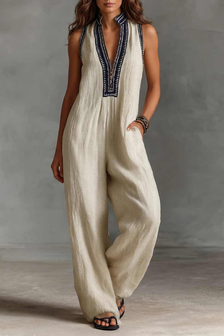Women's Embroidered V Neck Wide Leg Linen Jumpsuit - Maravienne