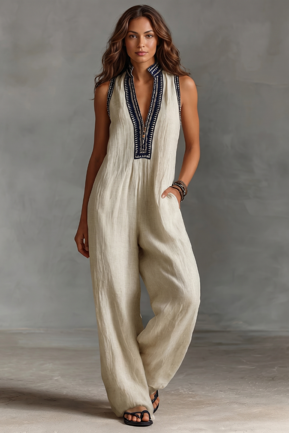 Women's Embroidered V Neck Wide Leg Linen Jumpsuit - Maravienne