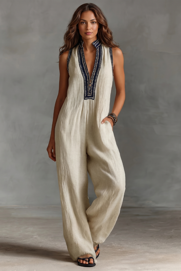 Women's Embroidered V Neck Wide Leg Linen Jumpsuit - Maravienne