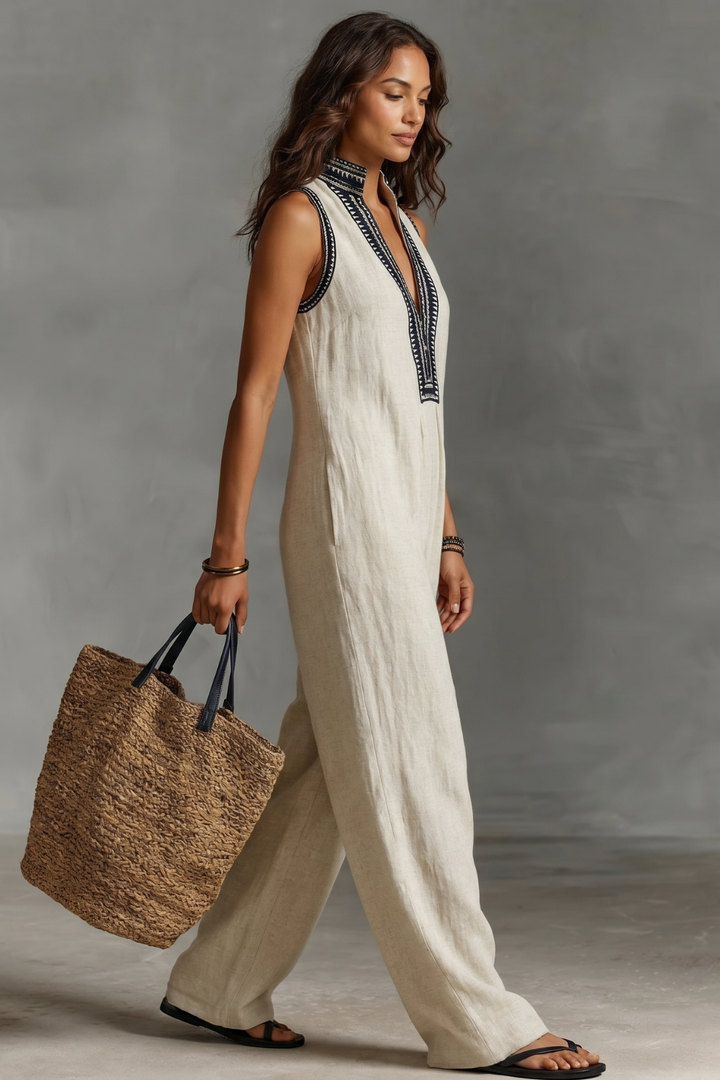 Women's Embroidered V Neck Wide Leg Linen Jumpsuit - Maravienne