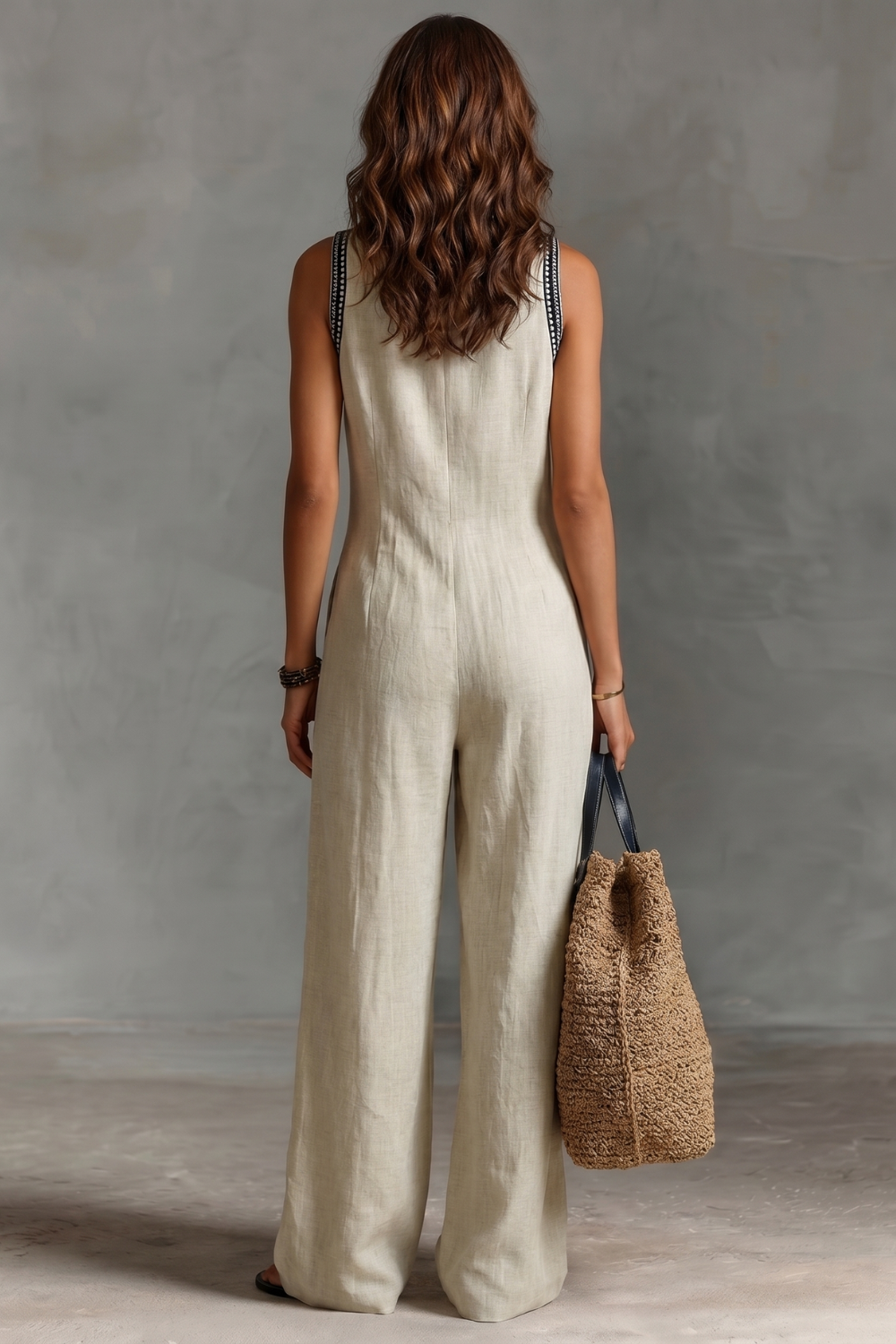 Women's Embroidered V Neck Wide Leg Linen Jumpsuit - Maravienne