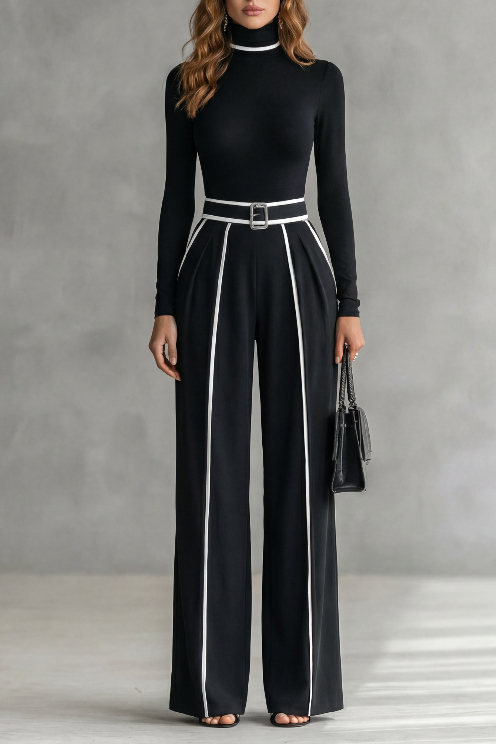 Women's High Neck Wide Leg Jumpsuit with Belt - Isaline
