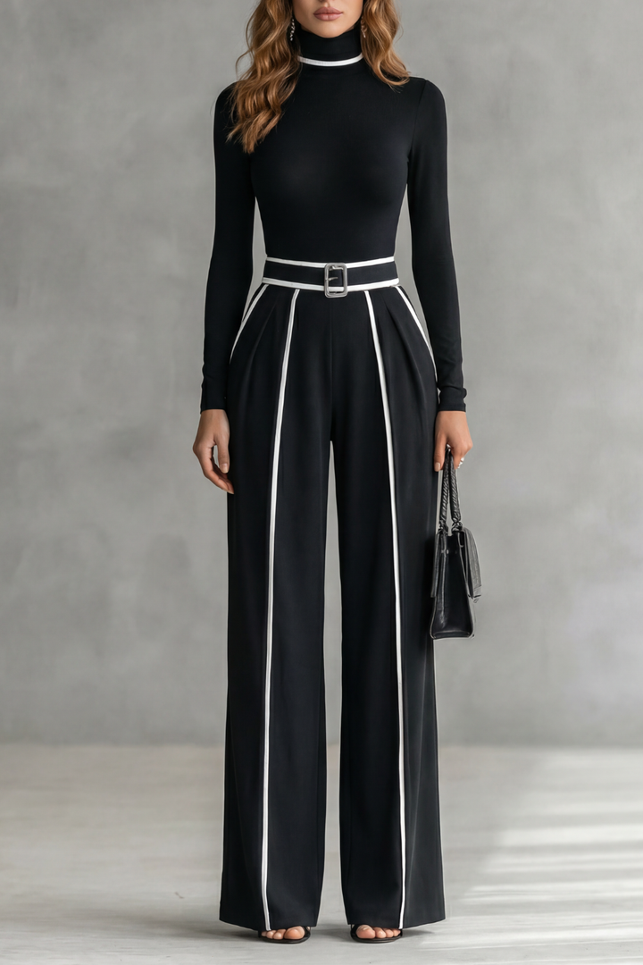 Women's High Neck Wide Leg Jumpsuit with Belt - Isaline