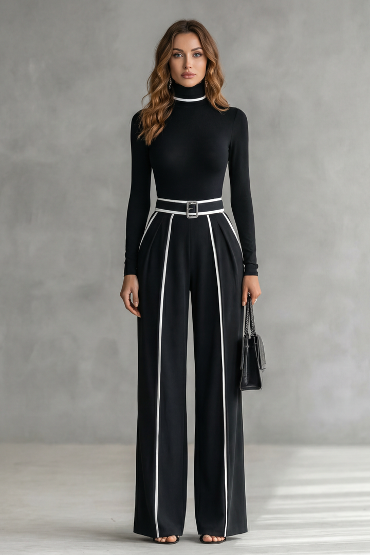 Women's High Neck Wide Leg Jumpsuit with Belt - Isaline