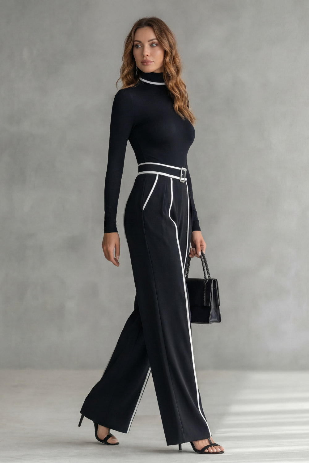 Women's High Neck Wide Leg Jumpsuit with Belt - Isaline