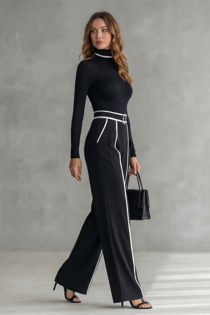 Women's High Neck Wide Leg Jumpsuit with Belt - Isaline