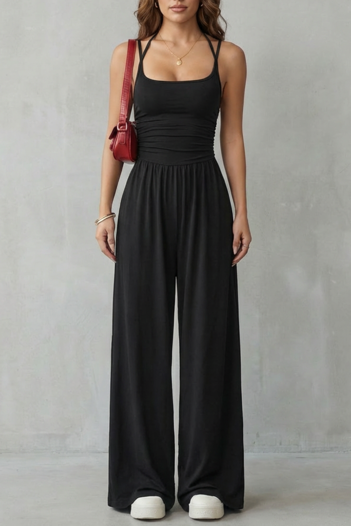 Women's Wide Leg Strappy Jumpsuit with Ruched Bodice - Norvienne