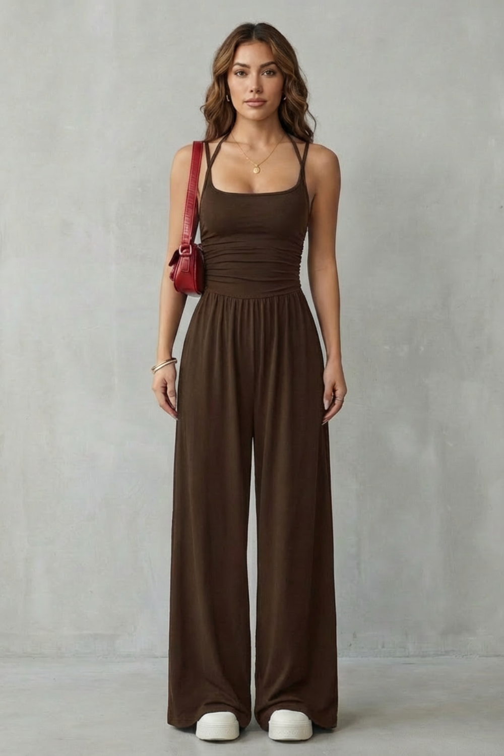 Women's Wide Leg Strappy Jumpsuit with Ruched Bodice - Norvienne