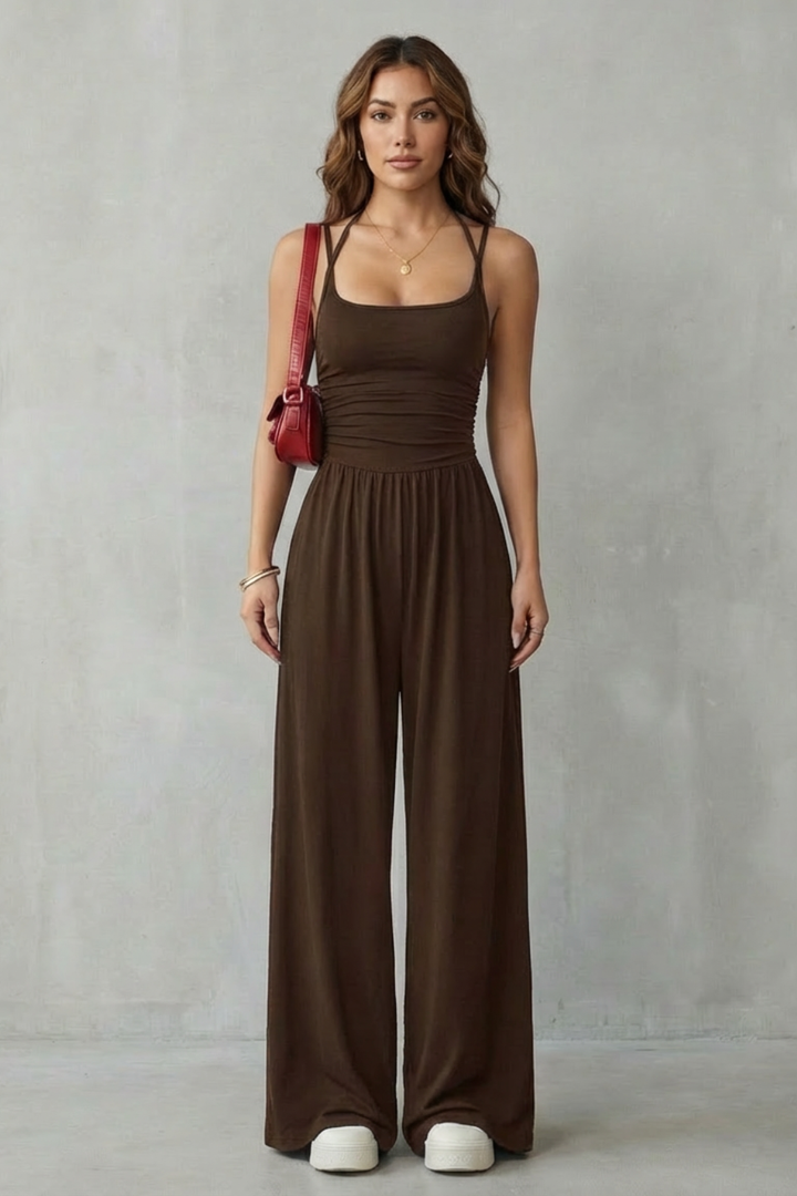 Women's Wide Leg Strappy Jumpsuit with Ruched Bodice - Norvienne