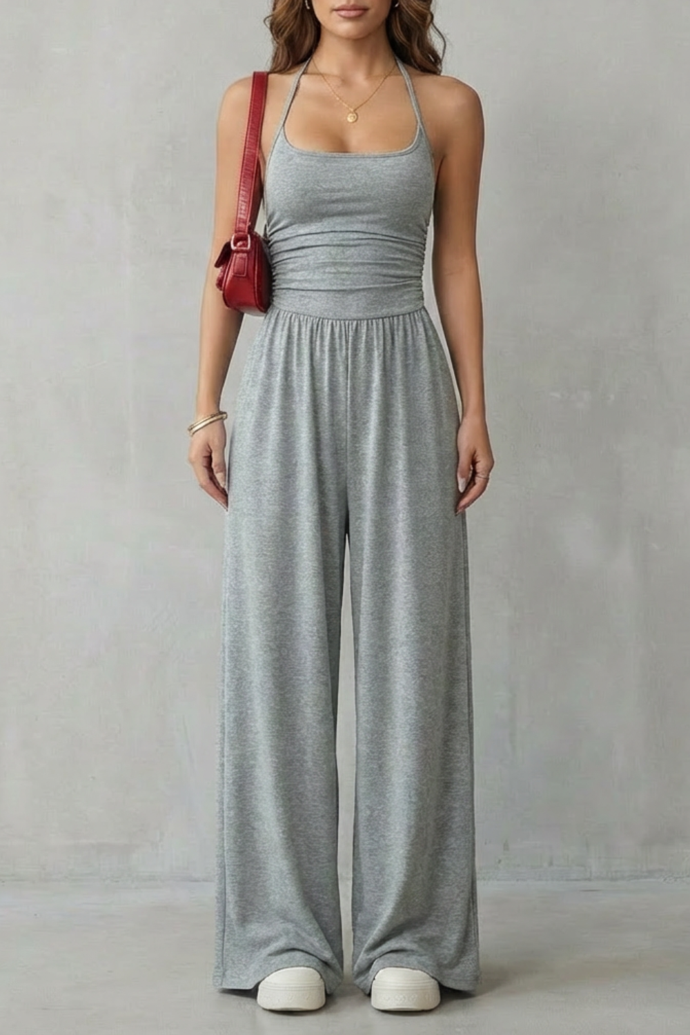Women's Wide Leg Strappy Jumpsuit with Ruched Bodice - Norvienne