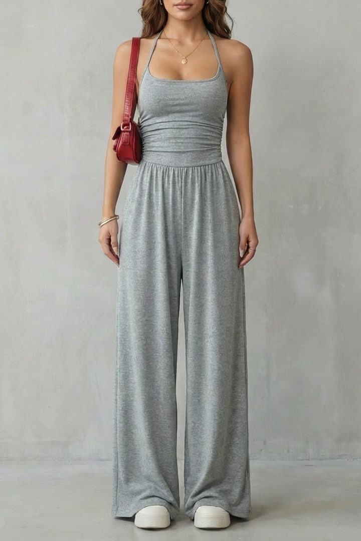 Women's Wide Leg Strappy Jumpsuit with Ruched Bodice - Norvienne