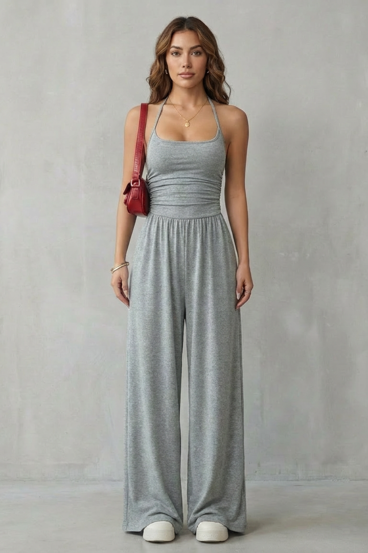 Women's Wide Leg Strappy Jumpsuit with Ruched Bodice - Norvienne