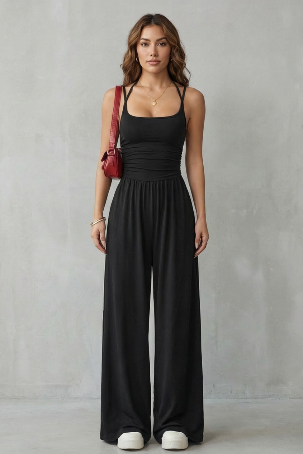 Women's Wide Leg Strappy Jumpsuit with Ruched Bodice - Norvienne