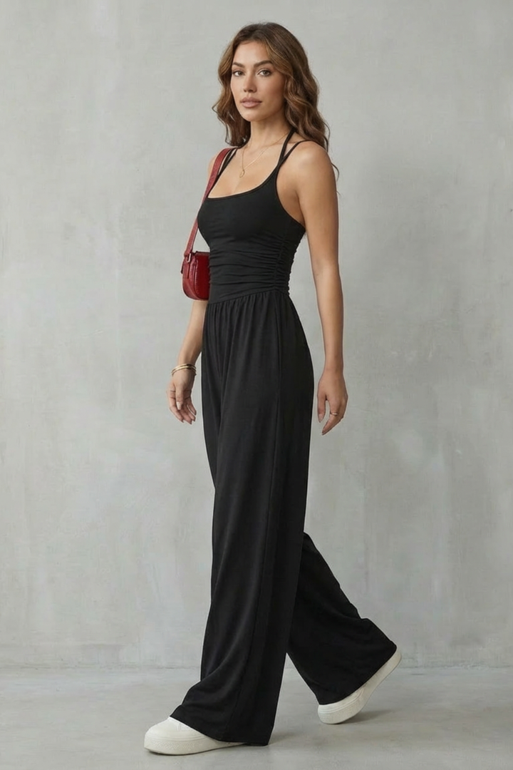 Women's Wide Leg Strappy Jumpsuit with Ruched Bodice - Norvienne