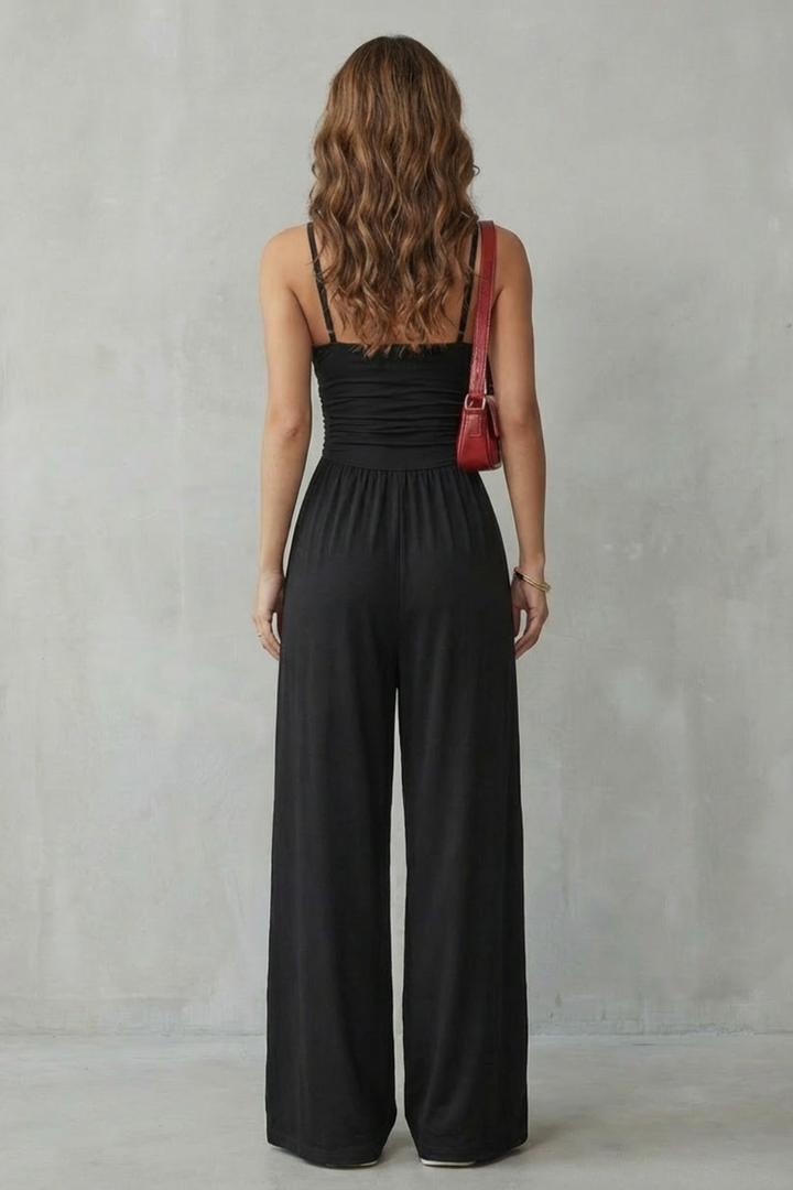 Women's Wide Leg Strappy Jumpsuit with Ruched Bodice - Norvienne