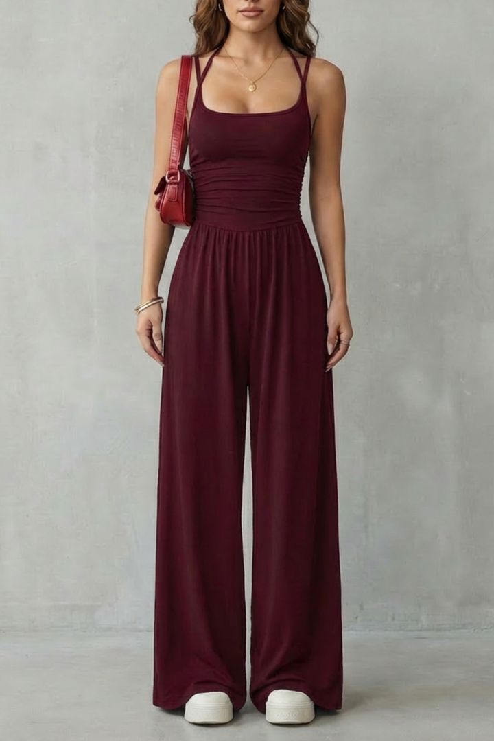 Women's Wide Leg Strappy Jumpsuit with Ruched Bodice - Norvienne