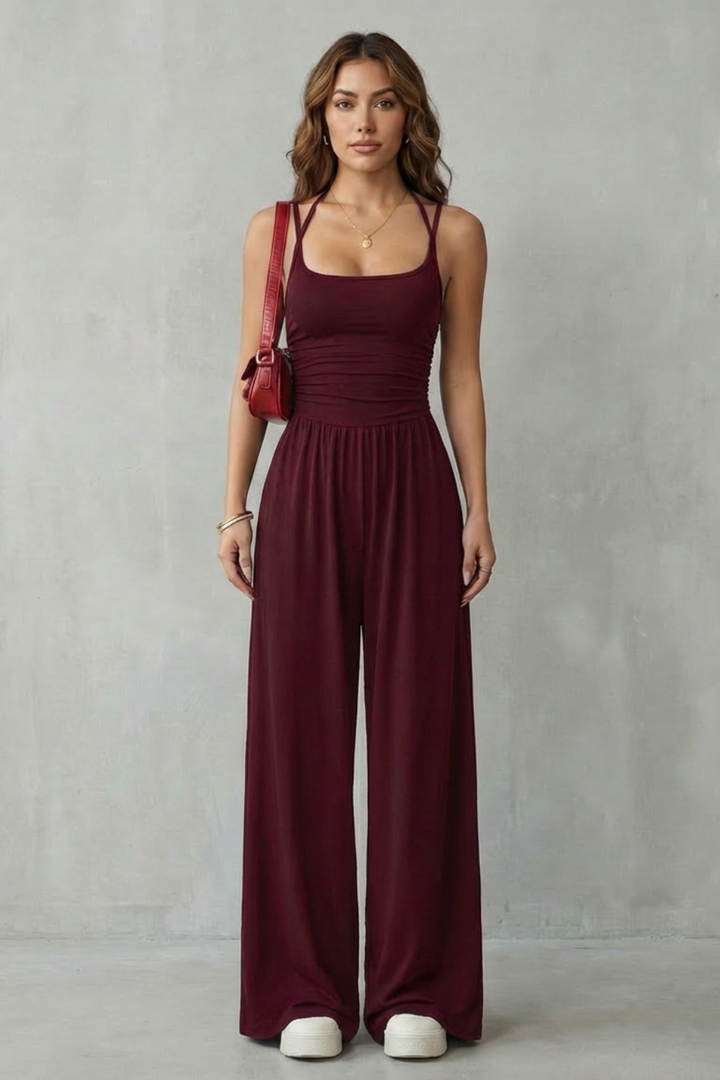 Women's Wide Leg Strappy Jumpsuit with Ruched Bodice - Norvienne