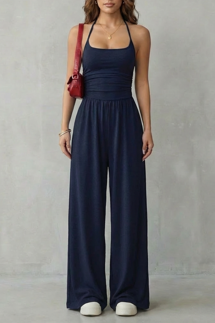 Women's Wide Leg Strappy Jumpsuit with Ruched Bodice - Norvienne