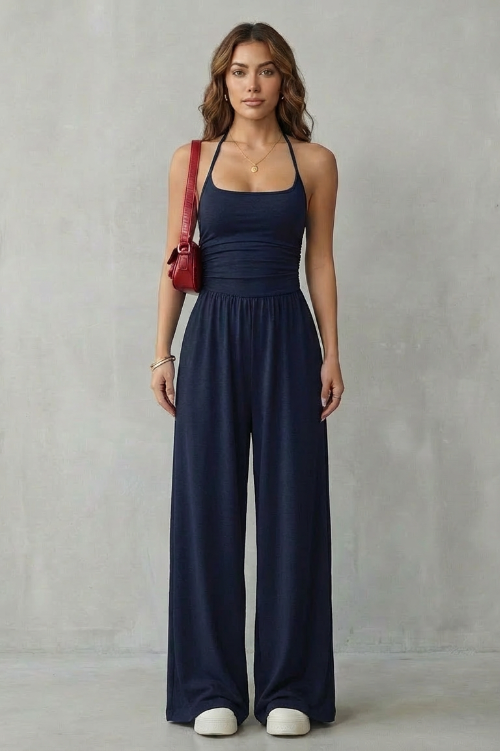 Women's Wide Leg Strappy Jumpsuit with Ruched Bodice - Norvienne