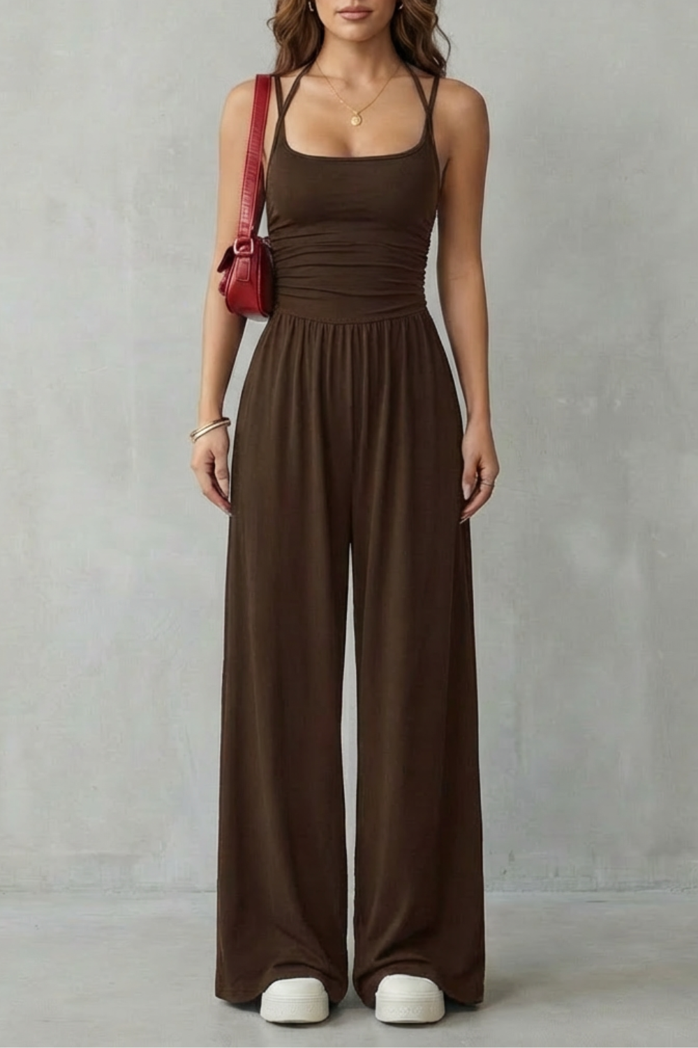 Women's Wide Leg Strappy Jumpsuit with Ruched Bodice - Norvienne
