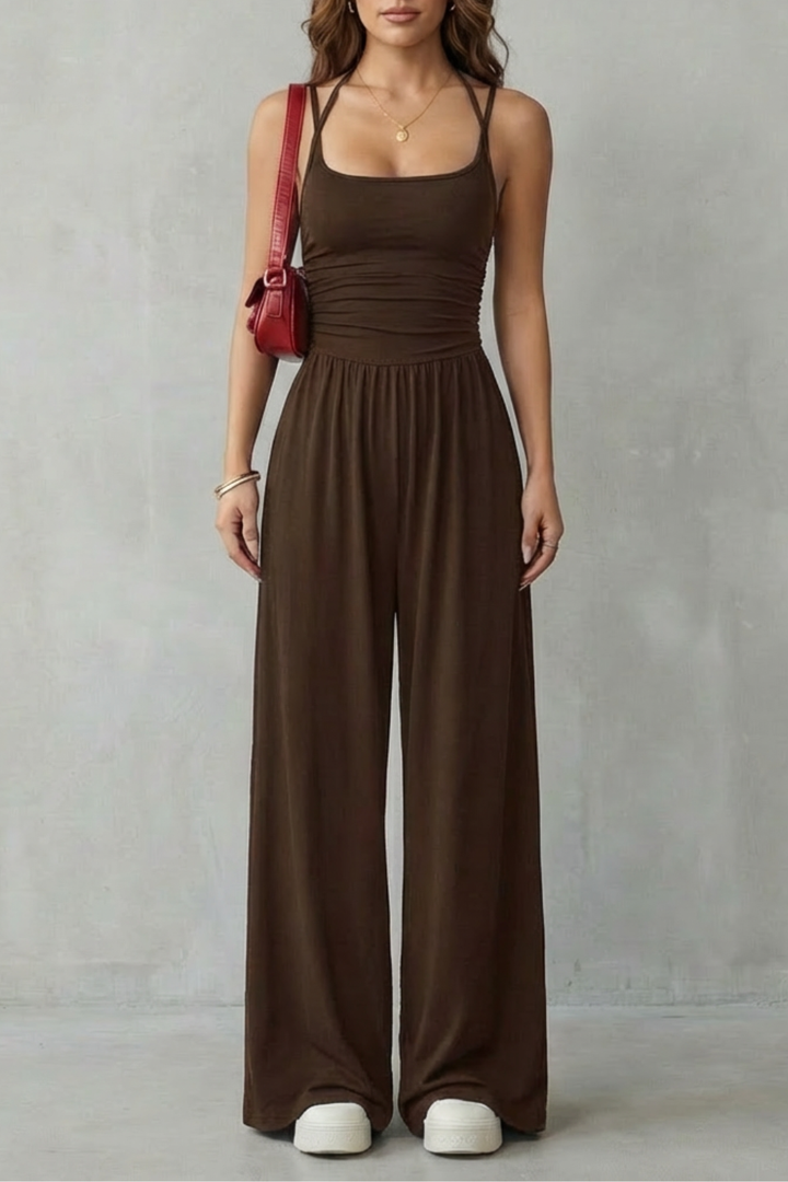 Women's Wide Leg Strappy Jumpsuit with Ruched Bodice - Norvienne