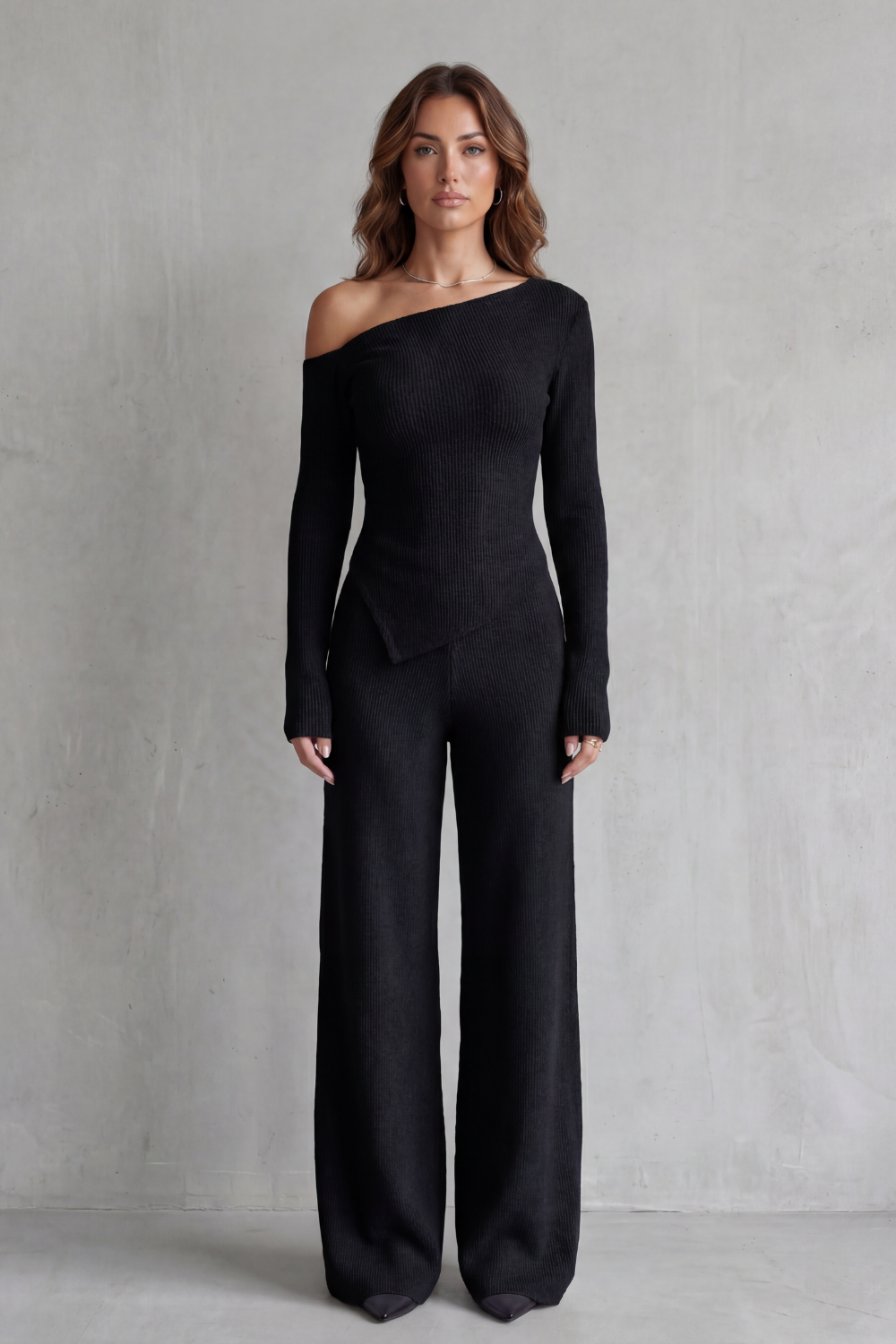 Women's Off-Shoulder Knit Top and Trouser Co-ord Set - Ferrienne