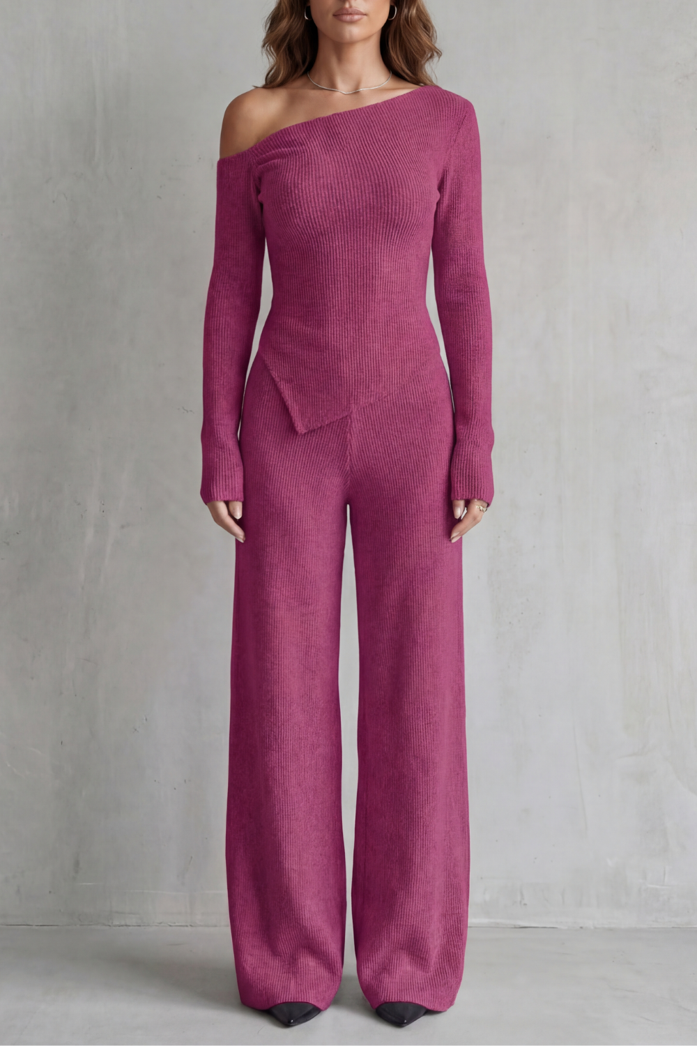 Women's Off-Shoulder Knit Top and Trouser Co-ord Set - Ferrienne