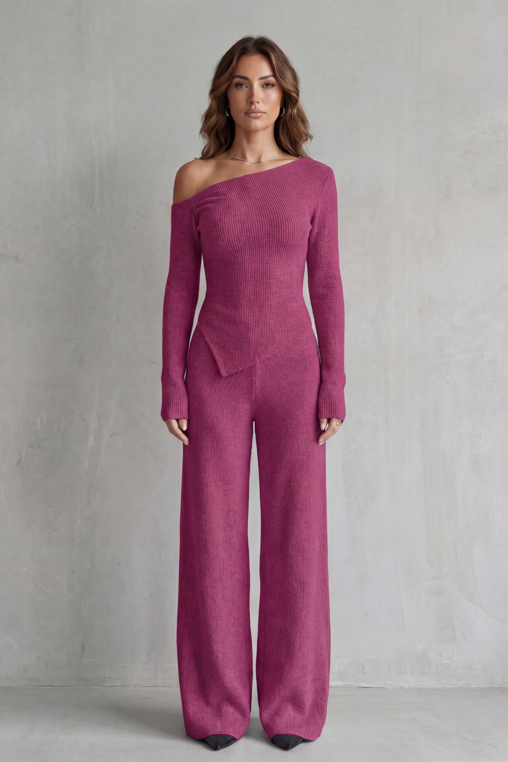 Women's Off-Shoulder Knit Top and Trouser Co-ord Set - Ferrienne