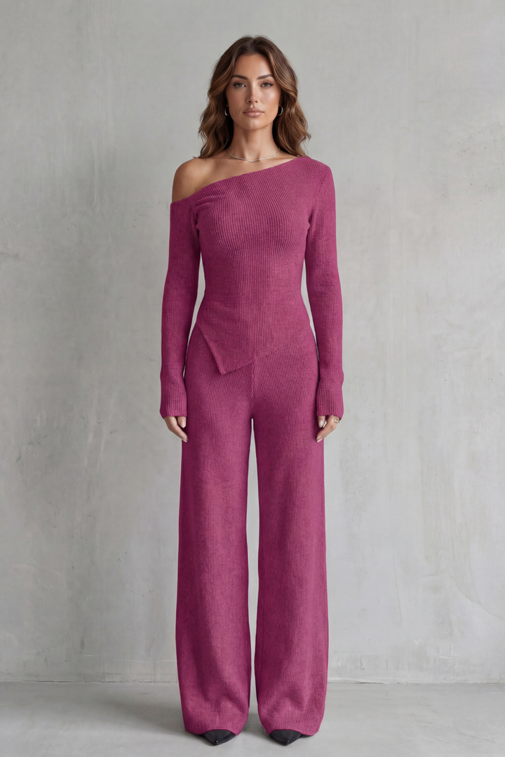 Women's Off-Shoulder Knit Top and Trouser Co-ord Set - Ferrienne