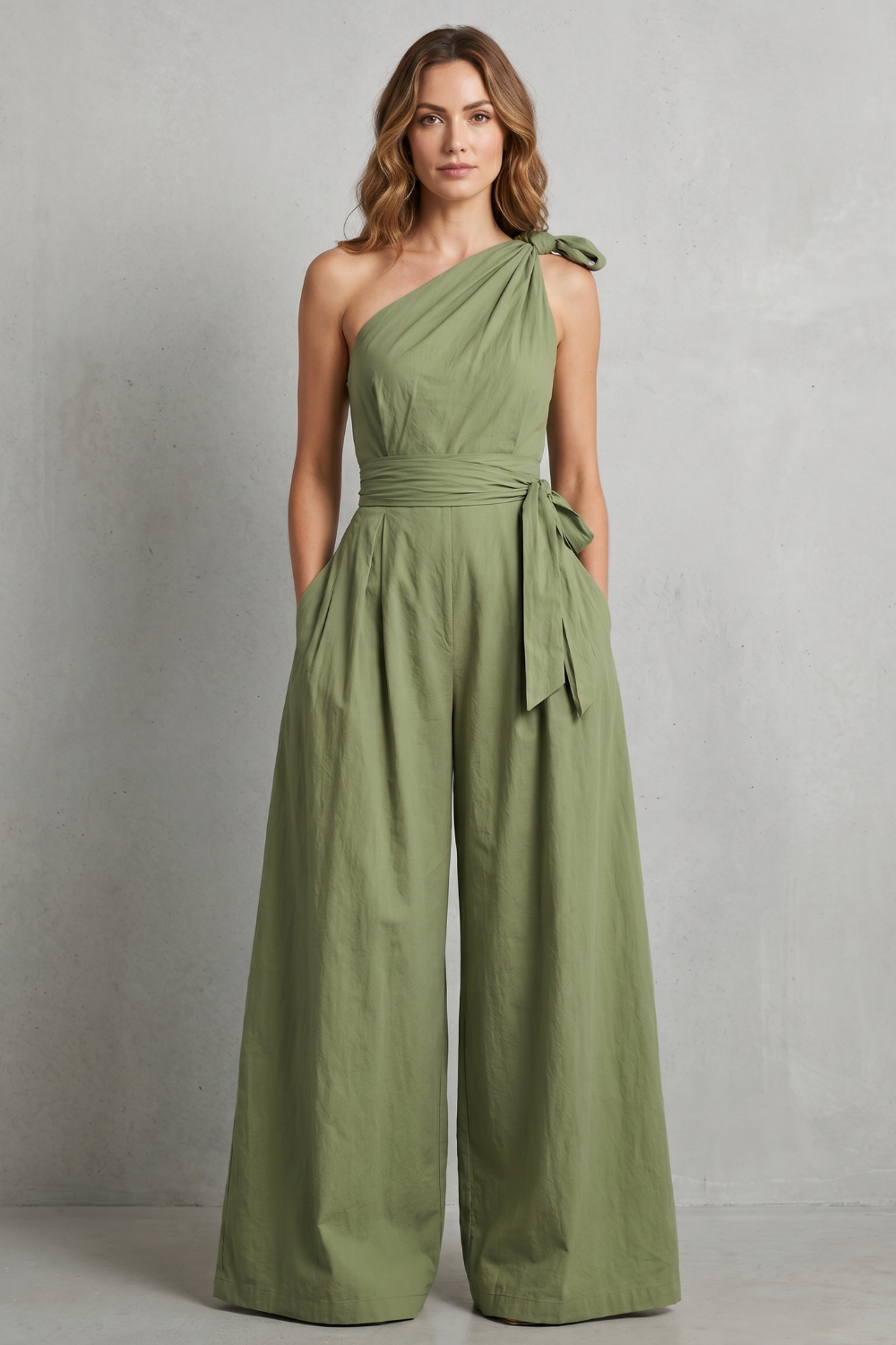 Women's One Shoulder Wide Leg Jumpsuit with Tie Waist - Mirandelle