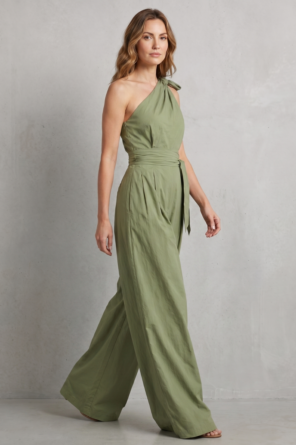 Women's One Shoulder Wide Leg Jumpsuit with Tie Waist - Mirandelle
