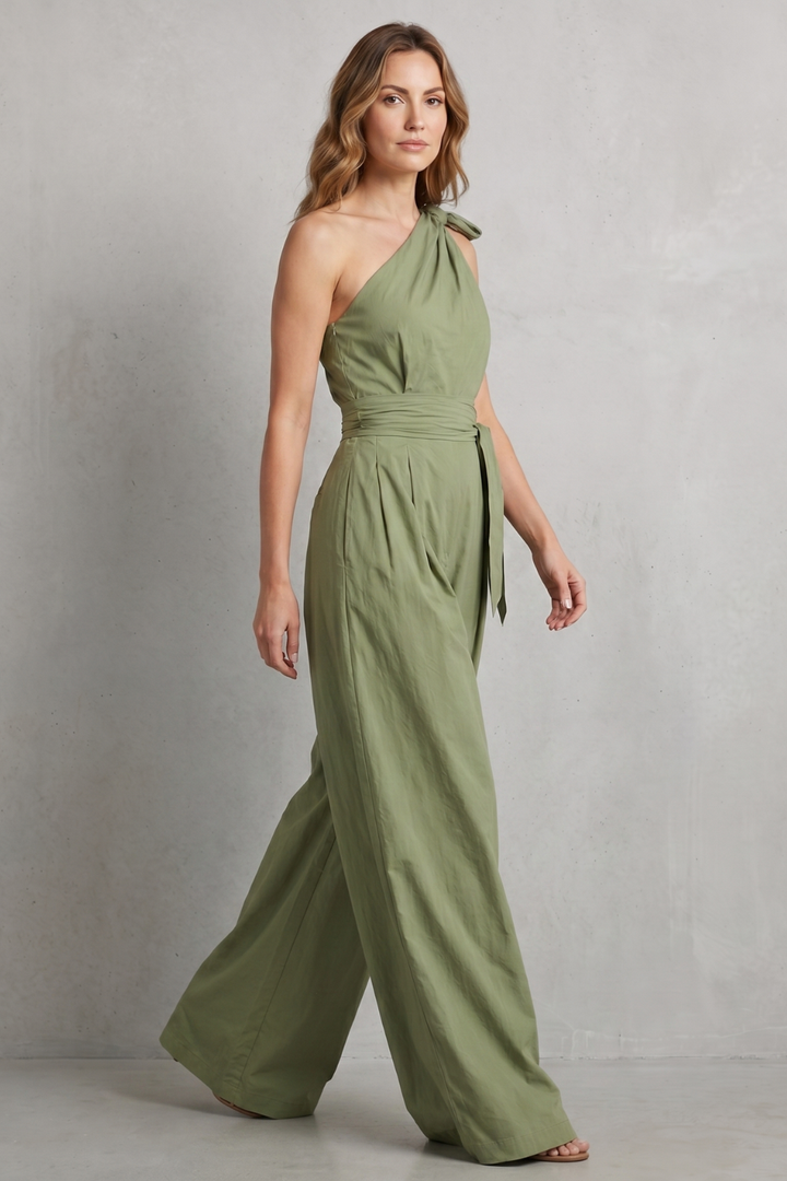 Women's One Shoulder Wide Leg Jumpsuit with Tie Waist - Mirandelle