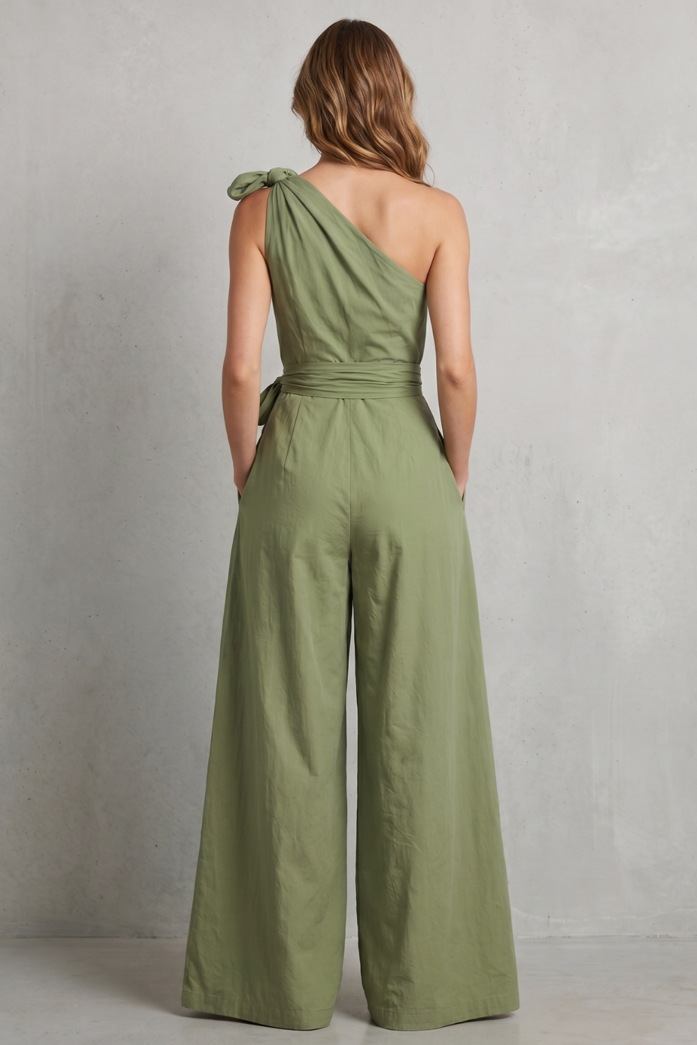 Women's One Shoulder Wide Leg Jumpsuit with Tie Waist - Mirandelle