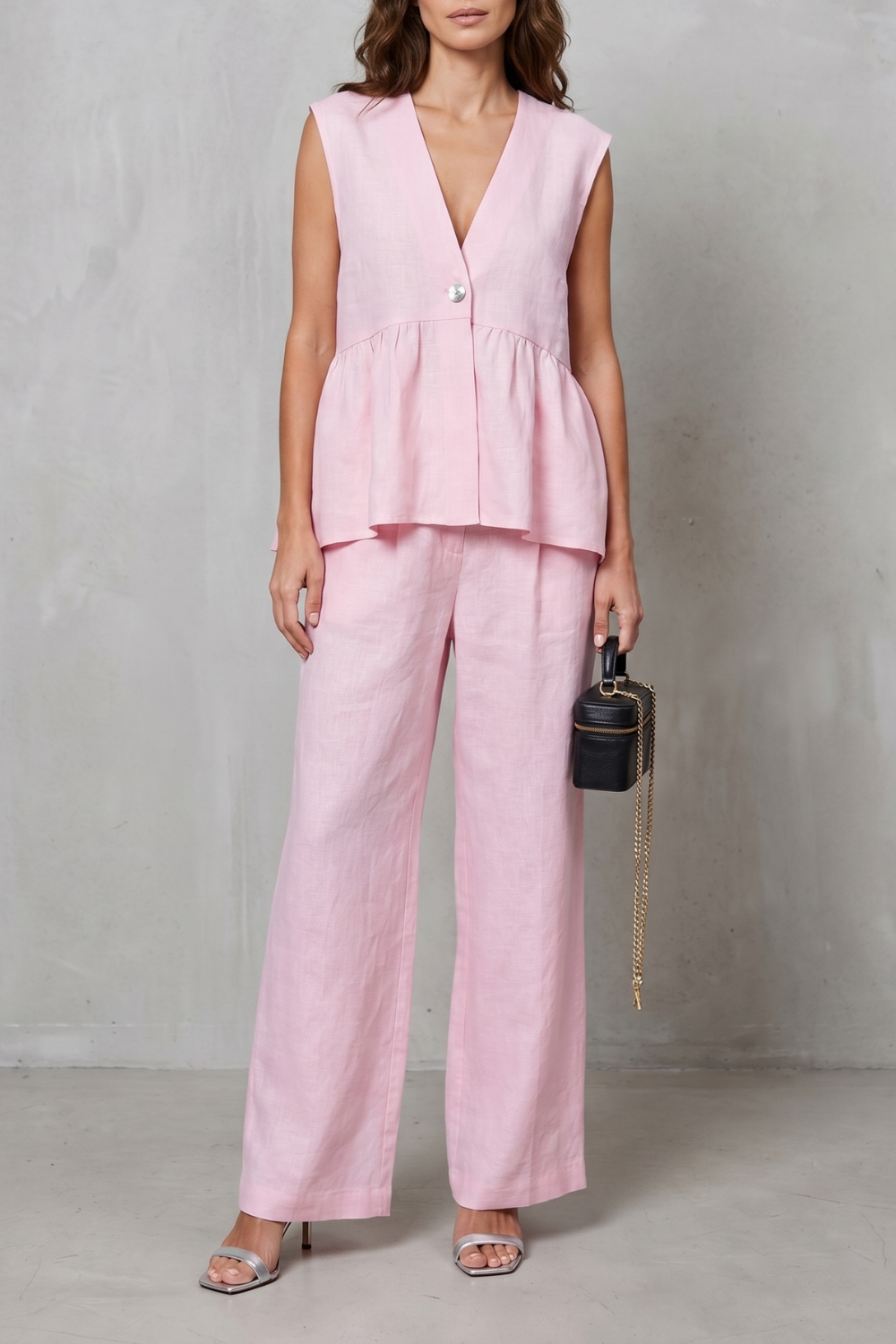 Women's V Neck Peplum Top and Wide Leg Trouser Set - Alorienne