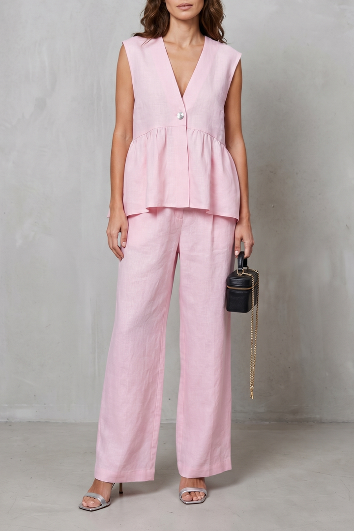 Women's V Neck Peplum Top and Wide Leg Trouser Set - Alorienne