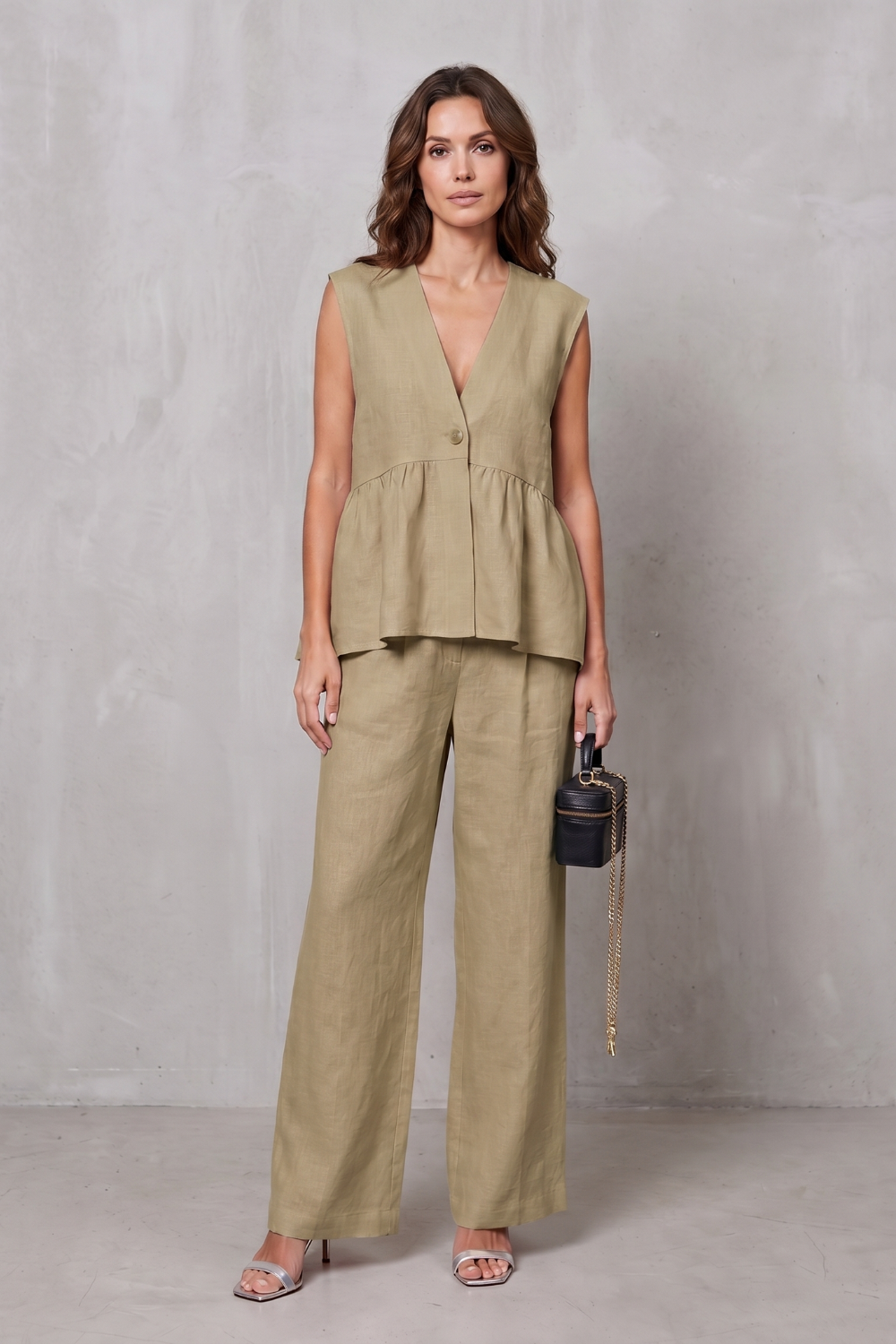 Women's V Neck Peplum Top and Wide Leg Trouser Set - Alorienne