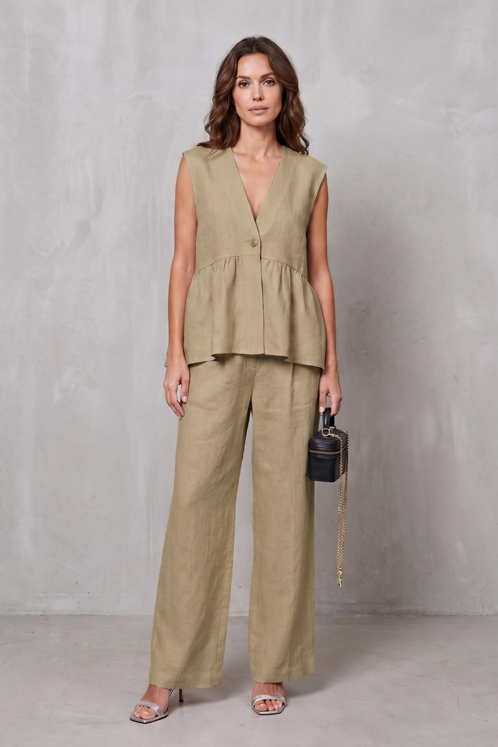 Women's V Neck Peplum Top and Wide Leg Trouser Set - Alorienne